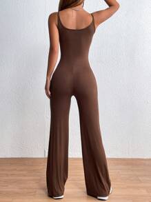 SHEIN MOOSTA Solid Flare Leg Cami Jumpsuit - Coffee Brown - View 2