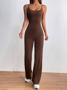 SHEIN MOOSTA Solid Flare Leg Cami Jumpsuit - Coffee Brown - View 3