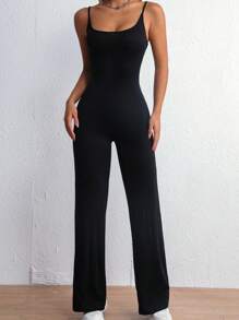 SHEIN Unity Solid Flare Leg Cami Jumpsuit - Black - View 5