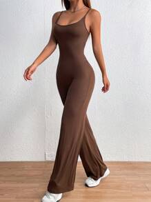 SHEIN MOOSTA Solid Flare Leg Cami Jumpsuit - Coffee Brown - View 4