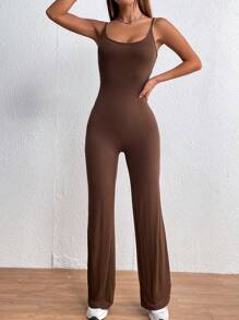 SHEIN MOOSTA Solid Flare Leg Cami Jumpsuit - Coffee Brown - View 5