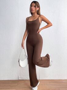 SHEIN MOOSTA Solid Flare Leg Cami Jumpsuit - Coffee Brown - View 6