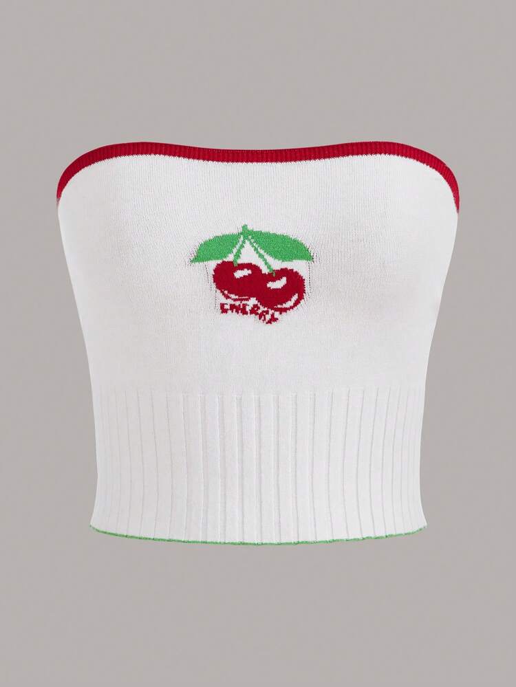 Plus Cherry Pattern Contrast Binding Tube Knit Top