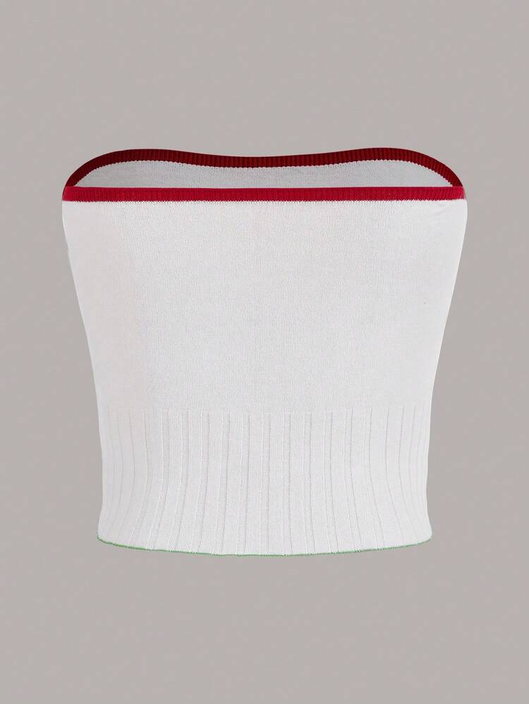 Plus Cherry Pattern Contrast Binding Tube Knit Top