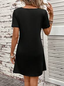 SHEIN LUNE Women's Summer V-Neck Decorative Button Color Block Splicing Casual Holiday A-Line Short Sleeve Dress - Multicolor - View 2