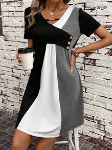 SHEIN LUNE Women's Summer V-Neck Decorative Button Color Block Splicing Casual Holiday A-Line Short Sleeve Dress - Multicolor - View 6