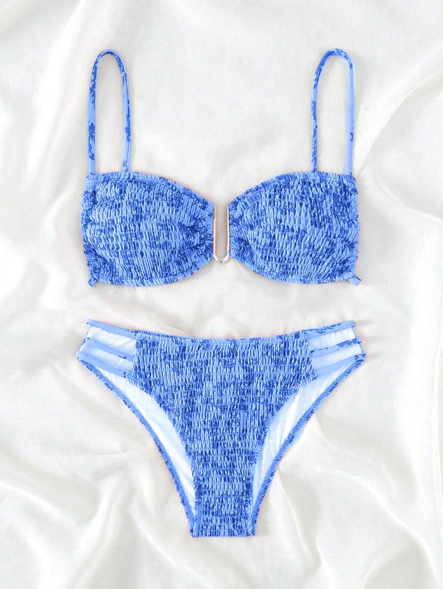 SHEIN Swim In hoa Đập Cắt ra Bộ đồ bơi Bikini - Màu xanh lam - Xem 1