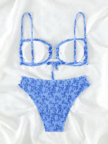 SHEIN Swim In hoa Đập Cắt ra Bộ đồ bơi Bikini - Màu xanh lam - Xem 2