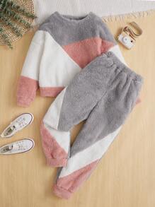 SHEIN Cô gái Tween Khối màu Flannel Áo chui đầu & Quần - Nhiều màu - Xem 1