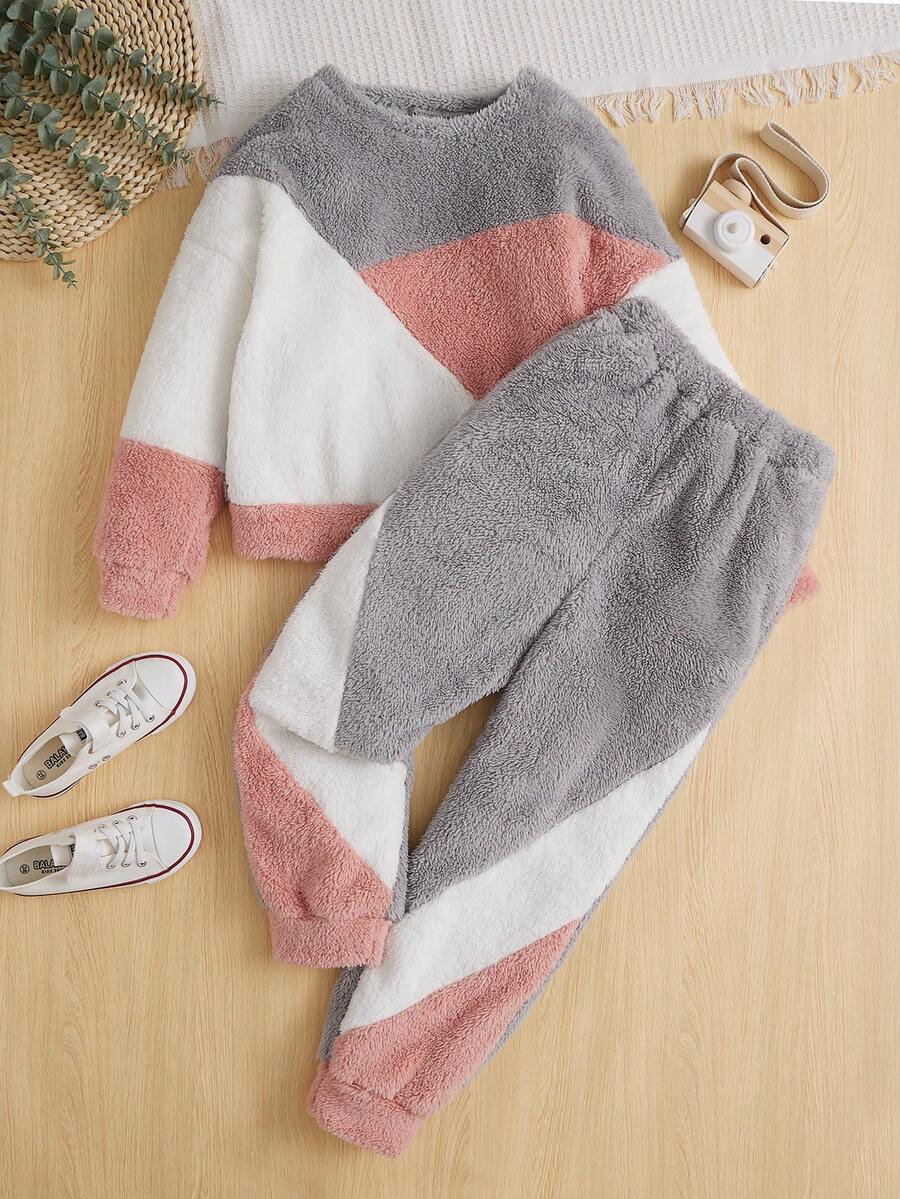 SHEIN Cô gái Tween Khối màu Flannel Áo chui đầu & Quần - Nhiều màu - Xem 1