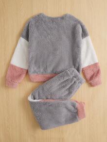 SHEIN Cô gái Tween Khối màu Flannel Áo chui đầu & Quần - Nhiều màu - Xem 2