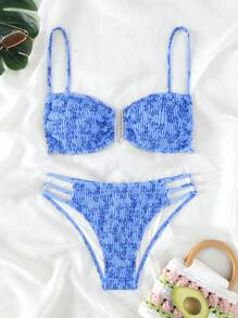 SHEIN Swim In hoa Đập Cắt ra Bộ đồ bơi Bikini - Màu xanh lam - Xem 4