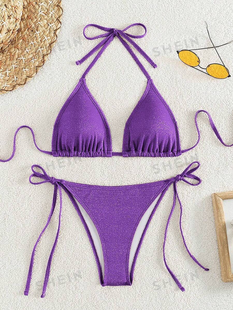 Swim Mod Bañador bikini unicolor halter triángulo con cordón lateral - Morado - Ver 1