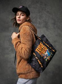 SPACE JAM: A NEW LEGACY X SHEIN Oversized Shopper Bag Letter & Cartoon Graphic Preppy - Black - View 2
