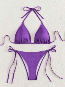 Swim Mod 素色吊脖三角形側繫帶比基尼泳裝 - 紫色 - 查看 3