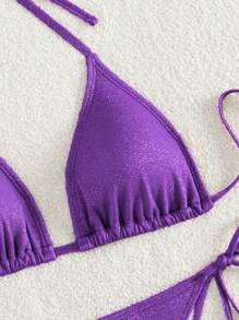 Swim Mod 素色吊脖三角形側繫帶比基尼泳裝 - 紫色 - 查看 5
