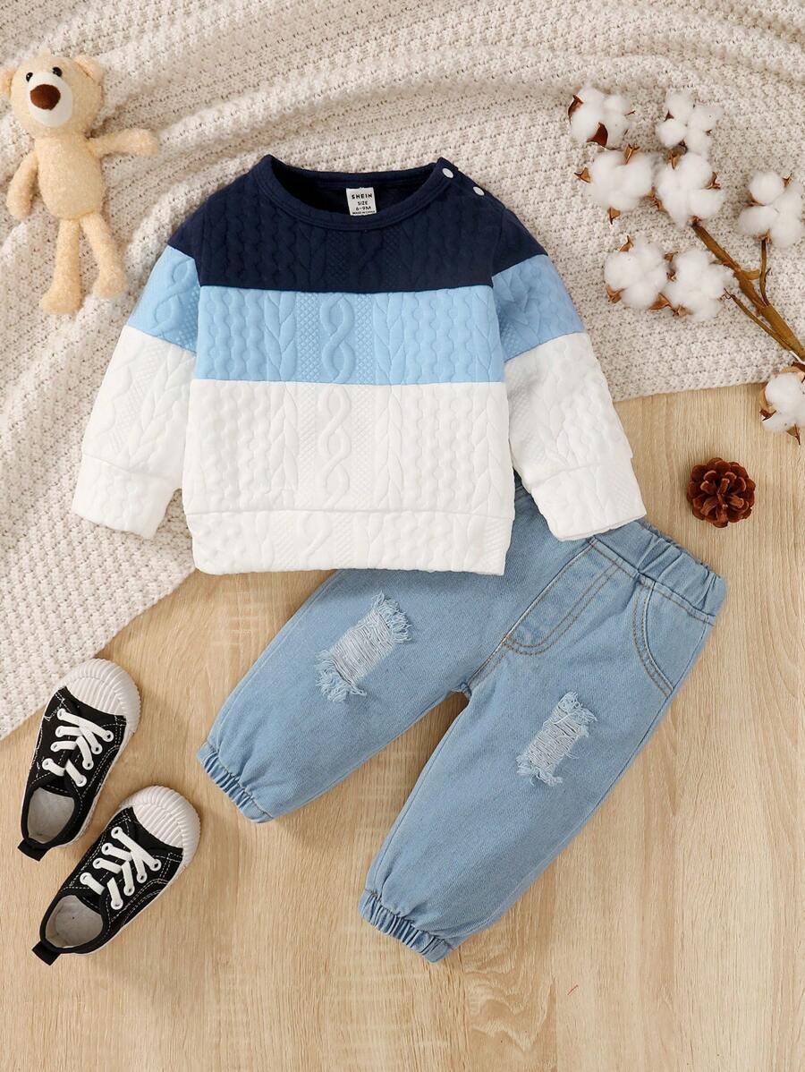 Baby Boy Colorblock Sweatshirt & Ripped Frayed Jeans SHEIN USA