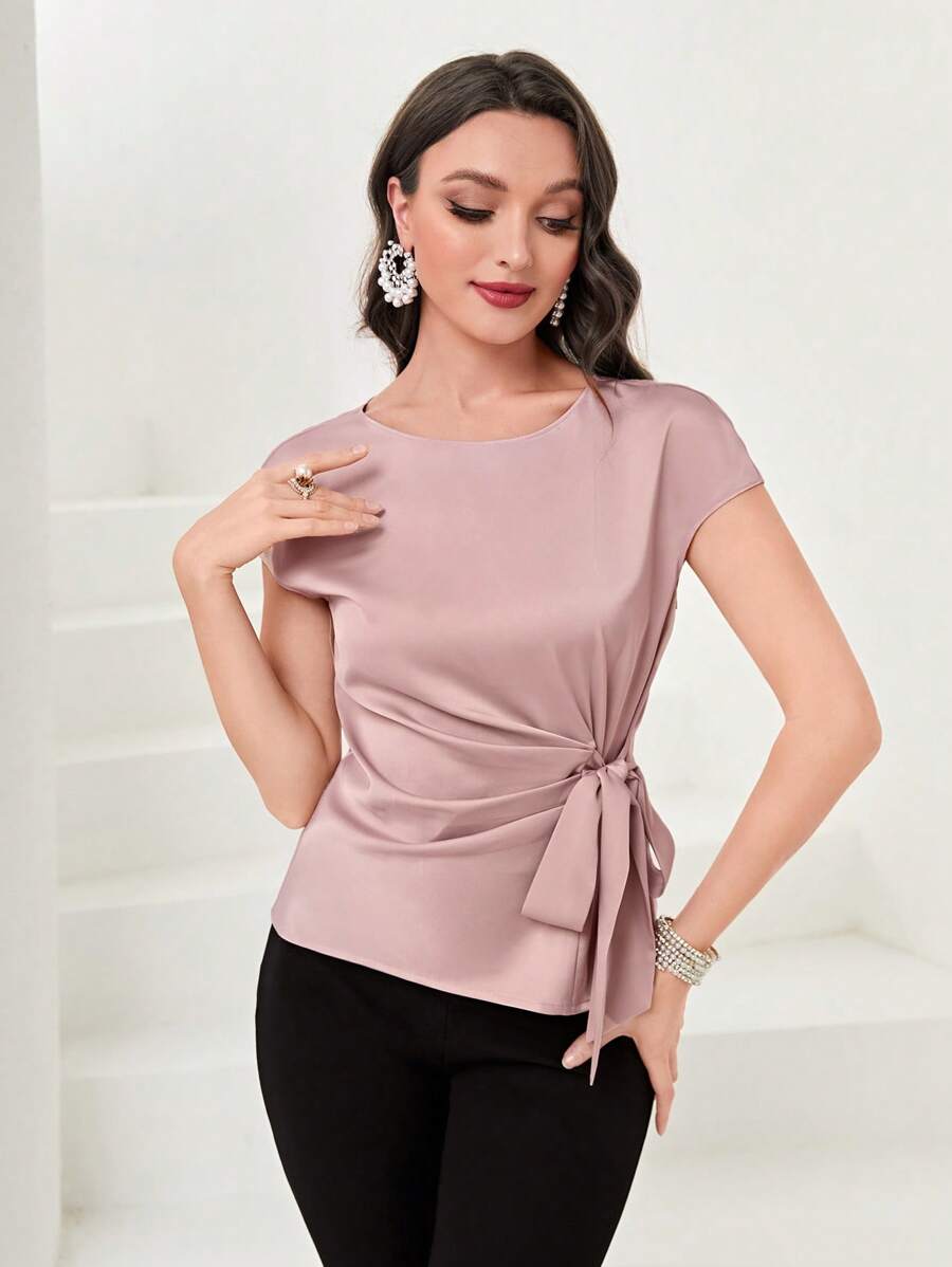 Modelyn Solid Tie Front Batwing Sleeve Blouse - Dusty Pink - View 1