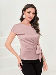 Modelyn Solid Tie Front Batwing Sleeve Blouse - Dusty Pink - View 3