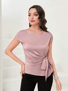 Modelyn Solid Tie Front Batwing Sleeve Blouse - Dusty Pink - View 5