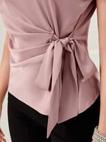 Modelyn Solid Tie Front Batwing Sleeve Blouse - Dusty Pink - View 6