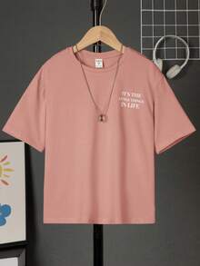 SHEIN 男大童字母&照片印花落肩T恤 - 藕粉色 - 查看 2