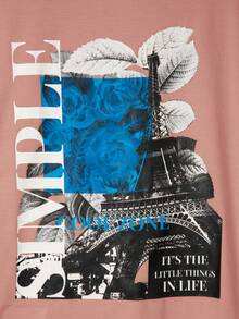 SHEIN 男大童字母&照片印花落肩T恤 - 藕粉色 - 查看 5