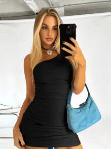 Muchica One Shoulder Ruched Side Bodycon Dress - Black - View 6