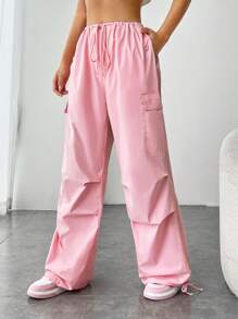 SHEIN EZwear 側翻蓋口袋腰部抽繩工裝褲 - 粉色 - 查看 3