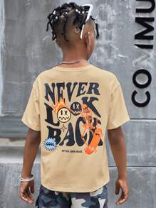 SHEIN Leap Crew Tween Boy Slogan & Cartoon Face Print Drop Shoulder Tee - Apricot - View 3