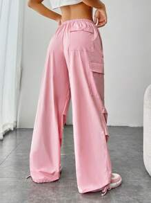 SHEIN EZwear 側翻蓋口袋腰部抽繩工裝褲 - 粉色 - 查看 2