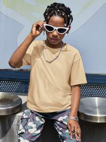 SHEIN Leap Crew Tween Boy Slogan & Cartoon Face Print Drop Shoulder Tee - Apricot - View 4