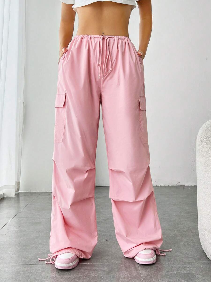 SHEIN EZwear 側翻蓋口袋腰部抽繩工裝褲 - 粉色 - 查看 1