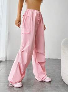 SHEIN EZwear 側翻蓋口袋腰部抽繩工裝褲 - 粉色 - 查看 4