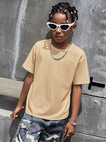 SHEIN Leap Crew Tween Boy Slogan & Cartoon Face Print Drop Shoulder Tee - Apricot - View 6