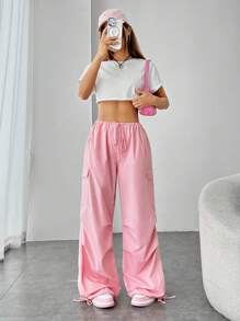SHEIN EZwear 側翻蓋口袋腰部抽繩工裝褲 - 粉色 - 查看 5