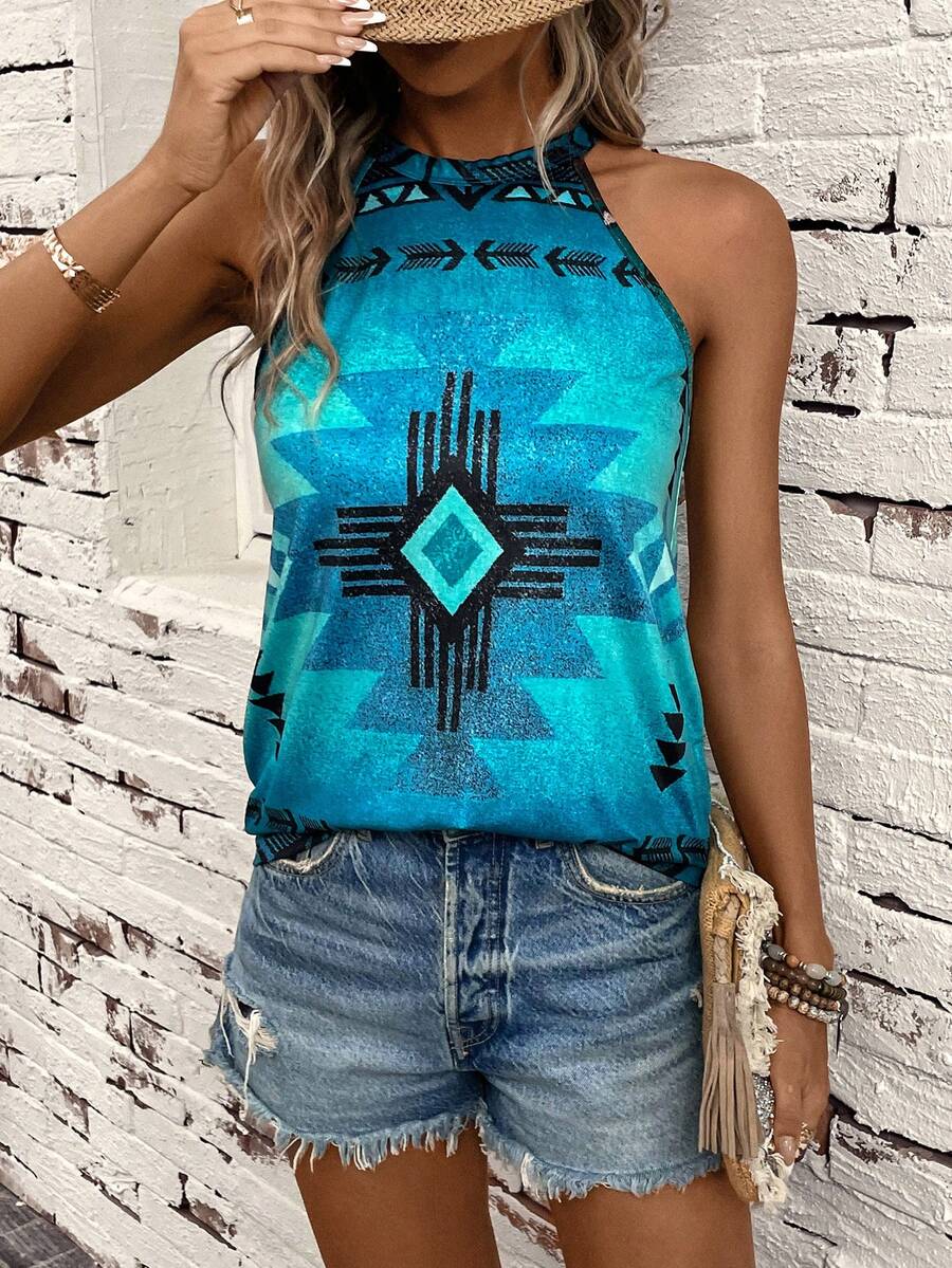 SHEIN LUNE Geo Print Halter Top - Multicolor - View 1