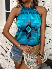 SHEIN LUNE Geo Print Halter Top - Multicolor - View 3