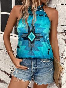 SHEIN LUNE Geo Print Halter Top - Multicolor - View 4