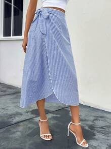 SHEIN LUNE Striped Print Knot Side Wrap Skirt - Blue and White - View 1