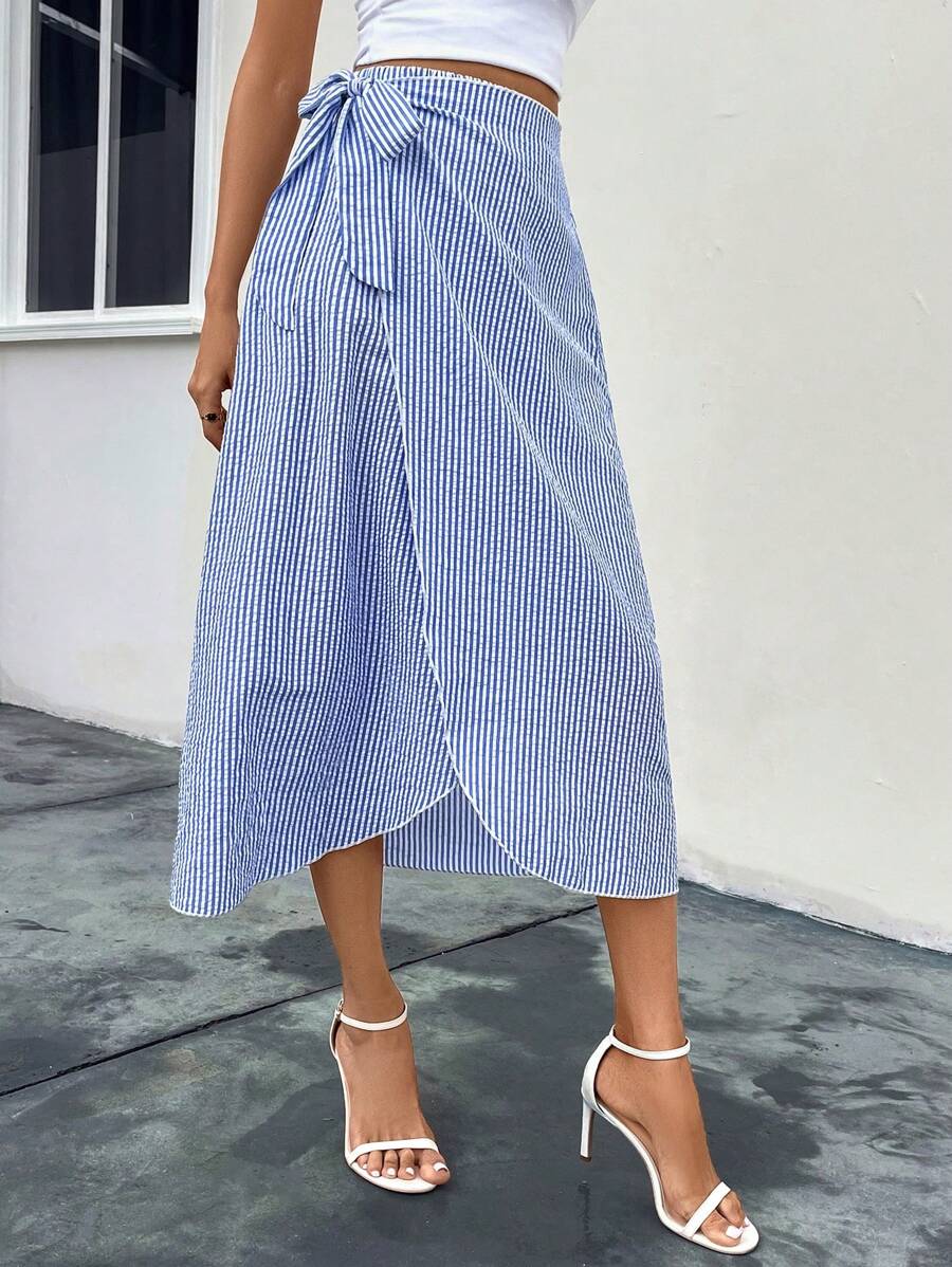 SHEIN LUNE Striped Print Knot Side Wrap Skirt - Blue and White - View 1