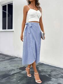 SHEIN LUNE Striped Print Knot Side Wrap Skirt - Blue and White - View 5