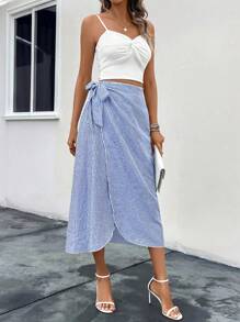 SHEIN LUNE Striped Print Knot Side Wrap Skirt - Blue and White - View 6