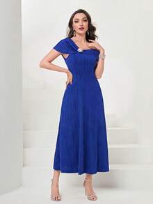 Modelyn Asymmetrical Neck Rhinestone Detail Dress - Royal Blue - View 3