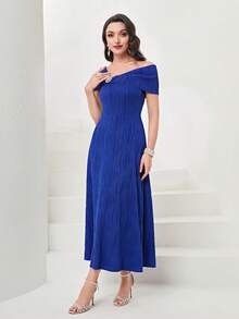 Modelyn Asymmetrical Neck Rhinestone Detail Dress - Royal Blue - View 4