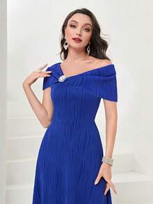Modelyn Asymmetrical Neck Rhinestone Detail Dress - Royal Blue - View 5