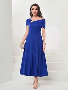 Modelyn Asymmetrical Neck Rhinestone Detail Dress - Royal Blue - View 6