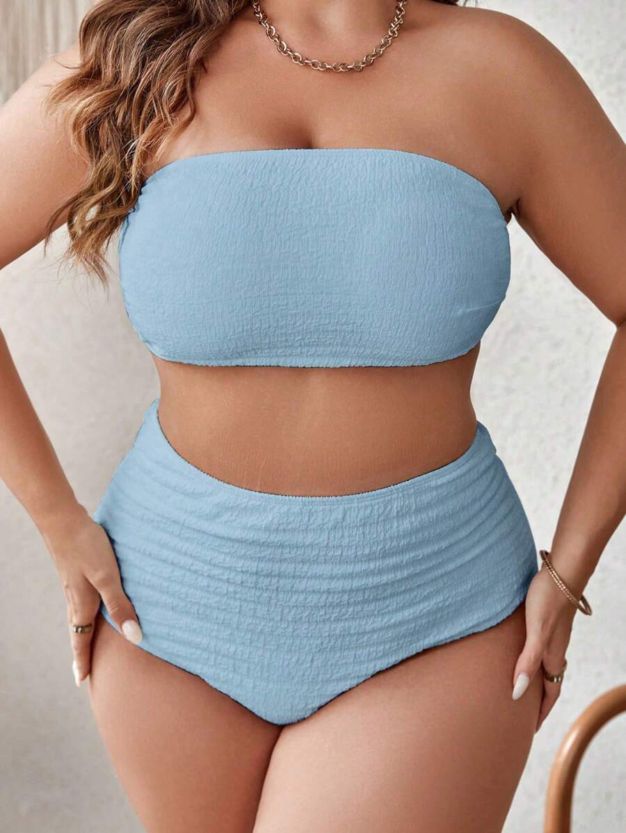 Plus Size Solid Bandeau Bikini Set Summer Beach - Baby Blue - View 1