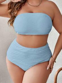 Plus Size Solid Bandeau Bikini Set Summer Beach - Baby Blue - View 3