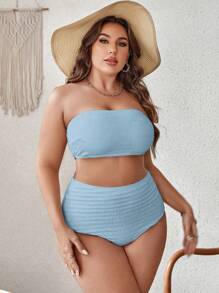Plus Size Solid Bandeau Bikini Set Summer Beach - Baby Blue - View 4